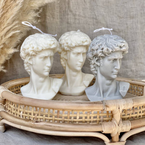 David Greek Candle, Michelangelo Sculpture, Classic Art Decor, Greek Mythology Candle, Renaissance Inspiration, Heroic Statue Candle, Greco-Roman Home Accent, Mythical Sculpted Light, Timeless Masterpiece, Neoclassical Design, Hellenistic Decor, Symbol of Strength, Artistic Home Fragrance