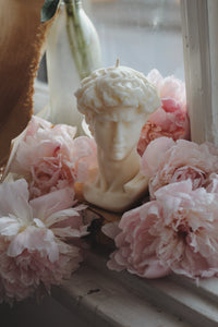 David Greek Candle, Michelangelo Sculpture, Classic Art Decor, Greek Mythology Candle, Renaissance Inspiration, Heroic Statue Candle, Greco-Roman Home Accent, Mythical Sculpted Light, Timeless Masterpiece, Neoclassical Design, Hellenistic Decor, Symbol of Strength, Artistic Home Fragrance